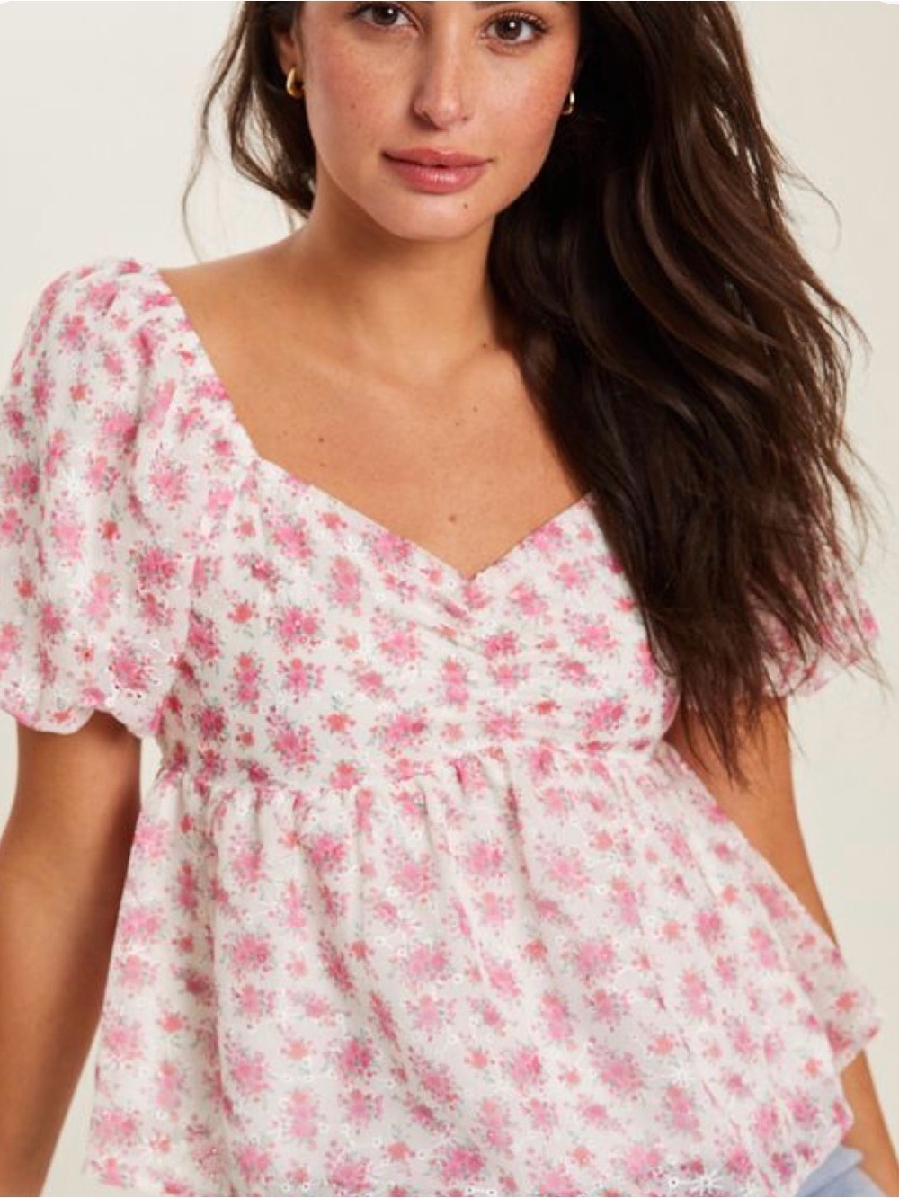 Altar’d State Floral Puff Sleeve Peplum Top - Pink on Cream Size Small